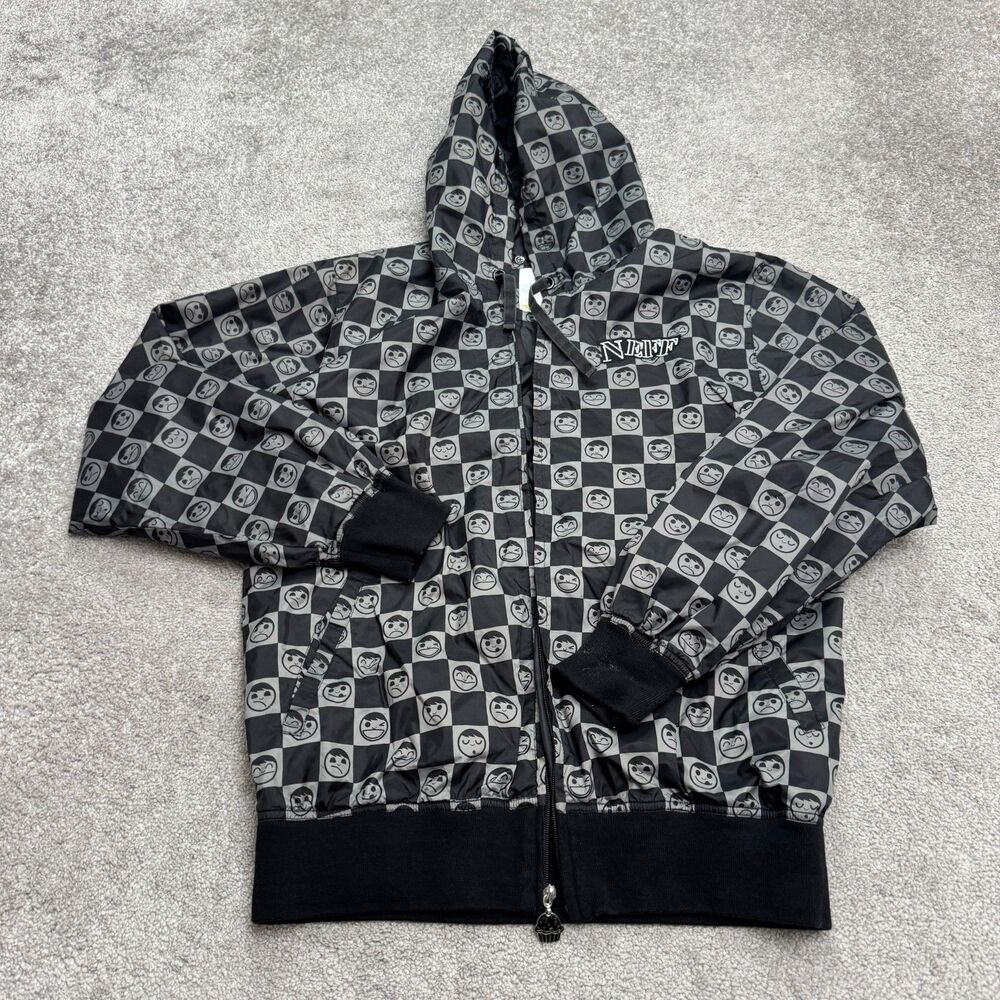 Neff Checkerboard Emoji Face Hoodie Windbreaker jacket Mens Medium Black White